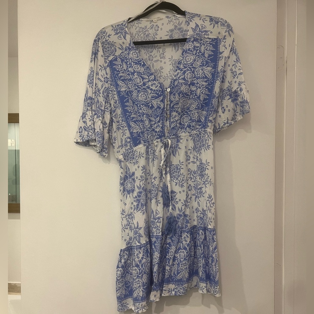 Blue & White Floral Boho Dress Tassel Tie Bell Sleeve Resort wear Coastal Summer